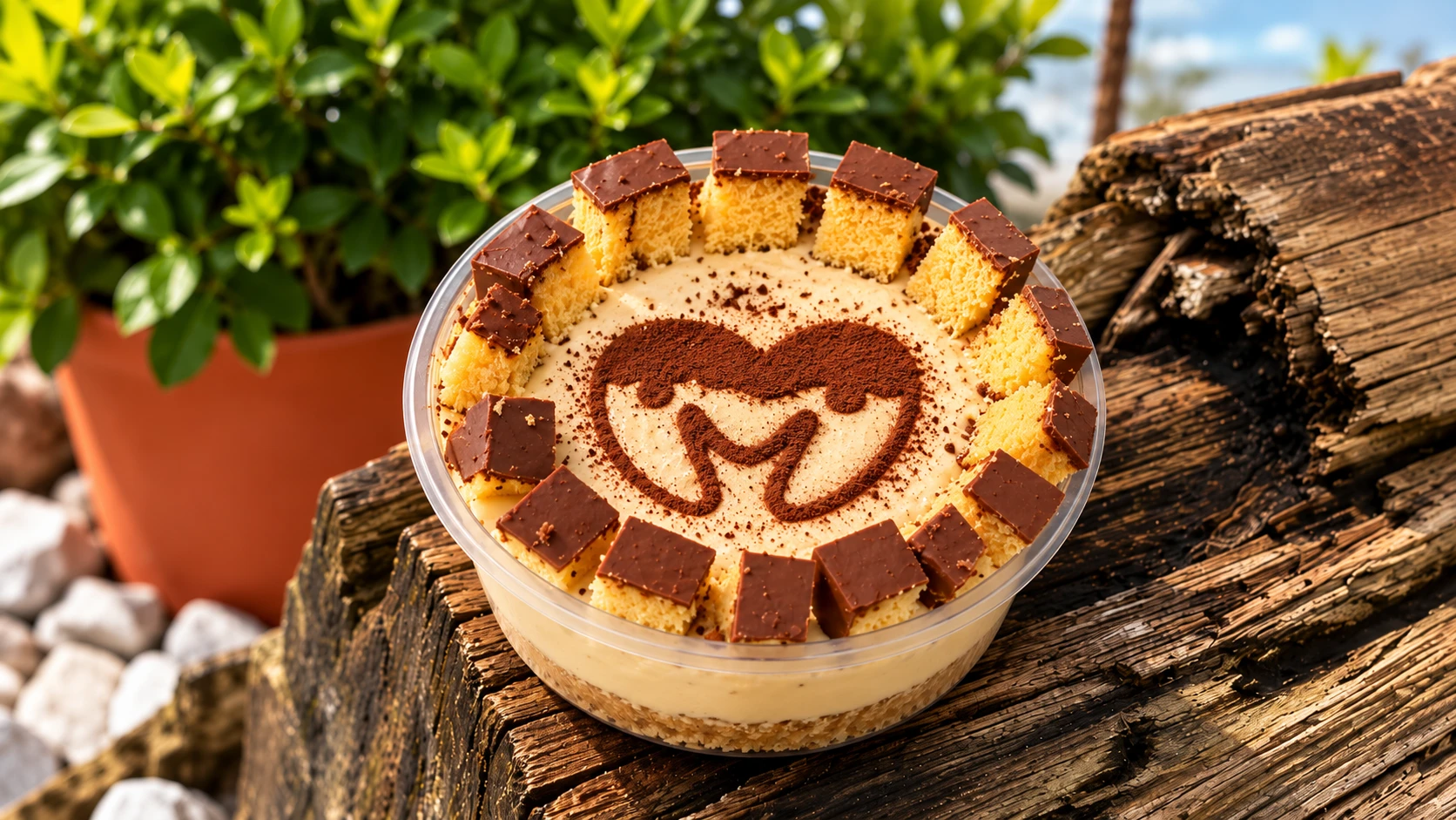 Postre AMARED con el emblema de la marca sobre una mesa de madera